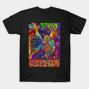 PSYCHEDELIC TRIPPY HORROR VACUI ANIMAL ROOSTER  WITH SUN PLANETS GALAXIES - full colour T-Shirt